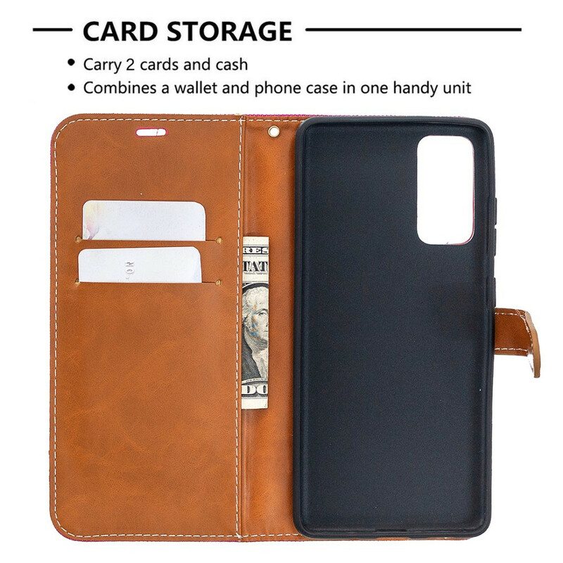 Flip Case Samsung Galaxy S20 FE Suojaketju Kuori Kangas- Ja Nahkaefektihihna