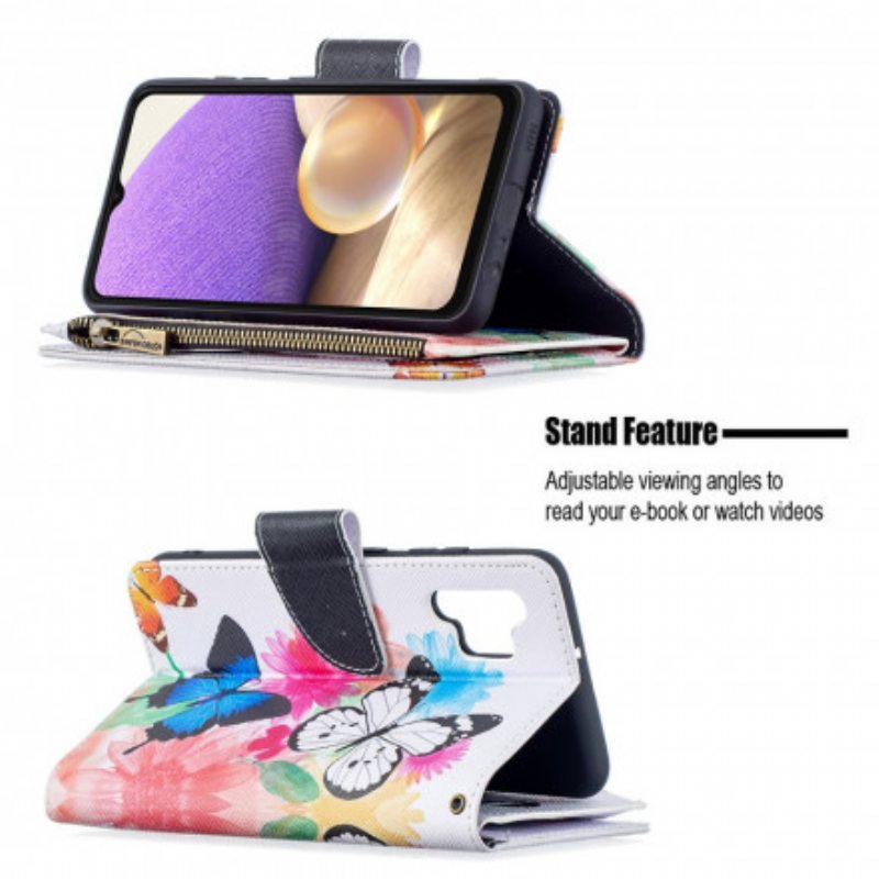 Flip Case Samsung Galaxy A32 Perhosten Vetoketjullinen Tasku