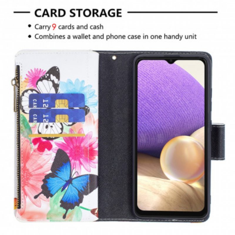 Flip Case Samsung Galaxy A32 Perhosten Vetoketjullinen Tasku