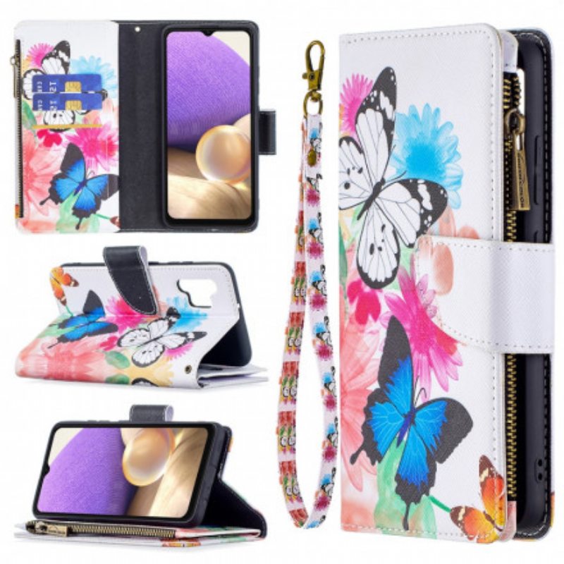 Flip Case Samsung Galaxy A32 Perhosten Vetoketjullinen Tasku