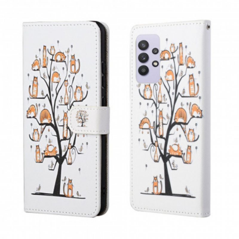 Flip Case Samsung Galaxy A32 Suojaketju Kuori Funky Cats Hihnalla