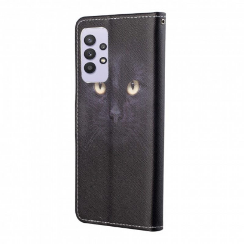 Flip Case Samsung Galaxy A32 Suojaketju Kuori Strappy Black Cat Eyes