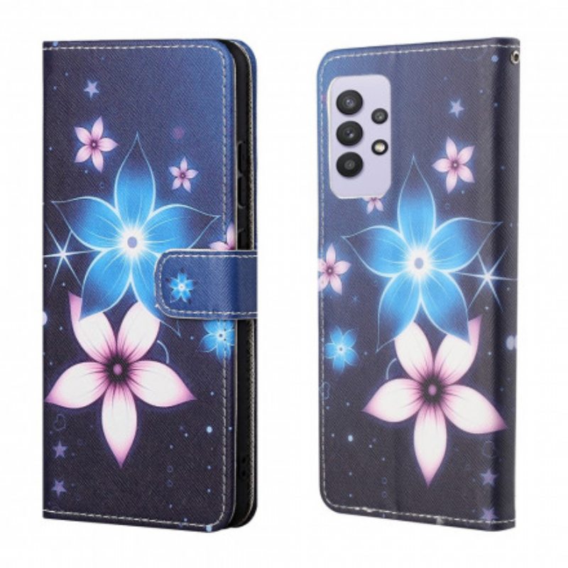 Nahkakotelo Samsung Galaxy A32 Suojaketju Kuori Kuun Hihnan Kukat