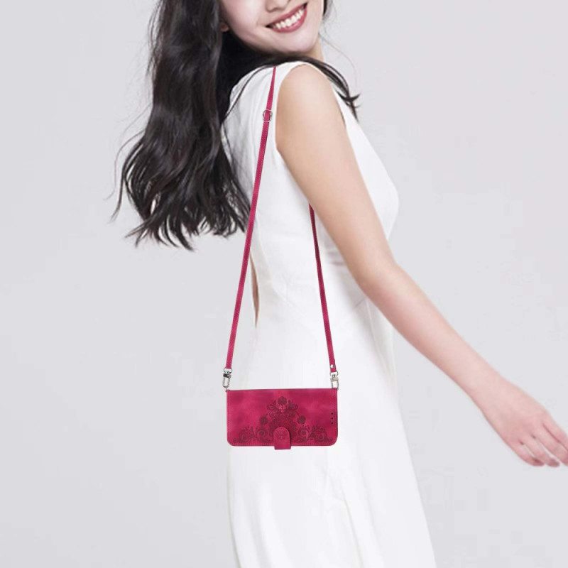 Kotelot Realme 14 Pro Plus 5g Pitsimokkanahkaefekti Hihnalla Ja Olkahihnalla Suojakuori