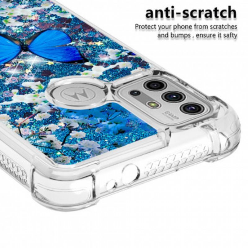 Kuori Moto G30 / G10 Glitter Blue Perhoset