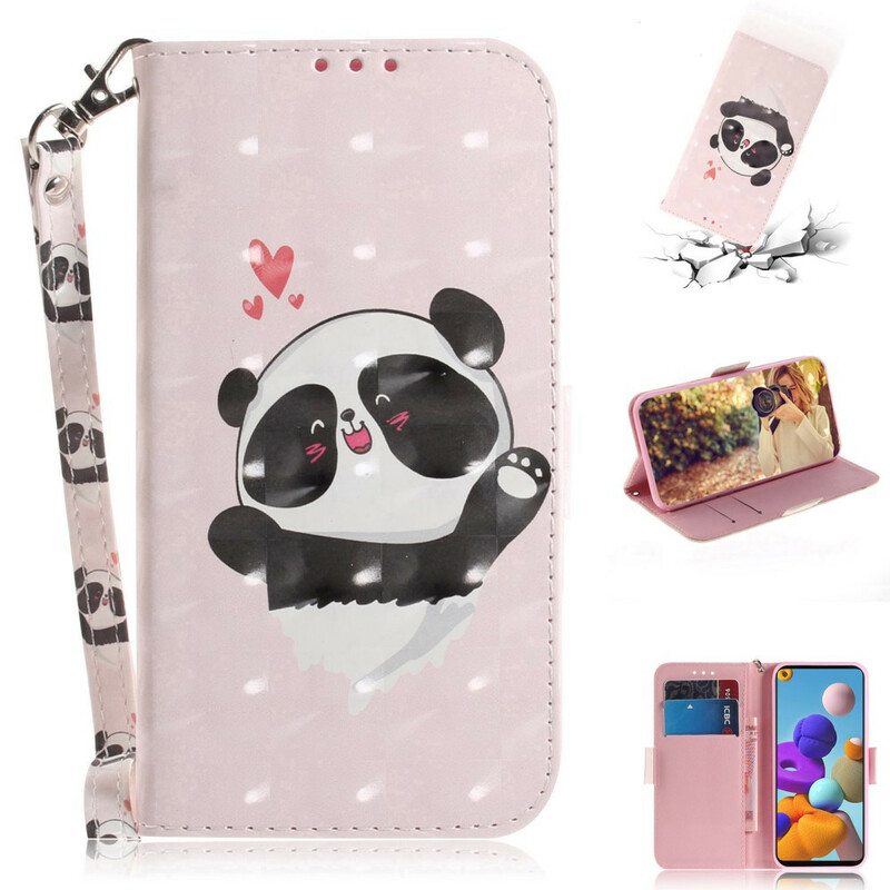 Nahkakotelo Samsung Galaxy A21s Suojaketju Kuori Panda Love With Lanyard