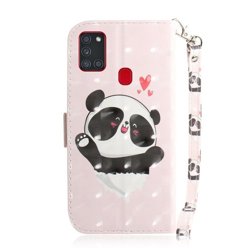 Nahkakotelo Samsung Galaxy A21s Suojaketju Kuori Panda Love With Lanyard