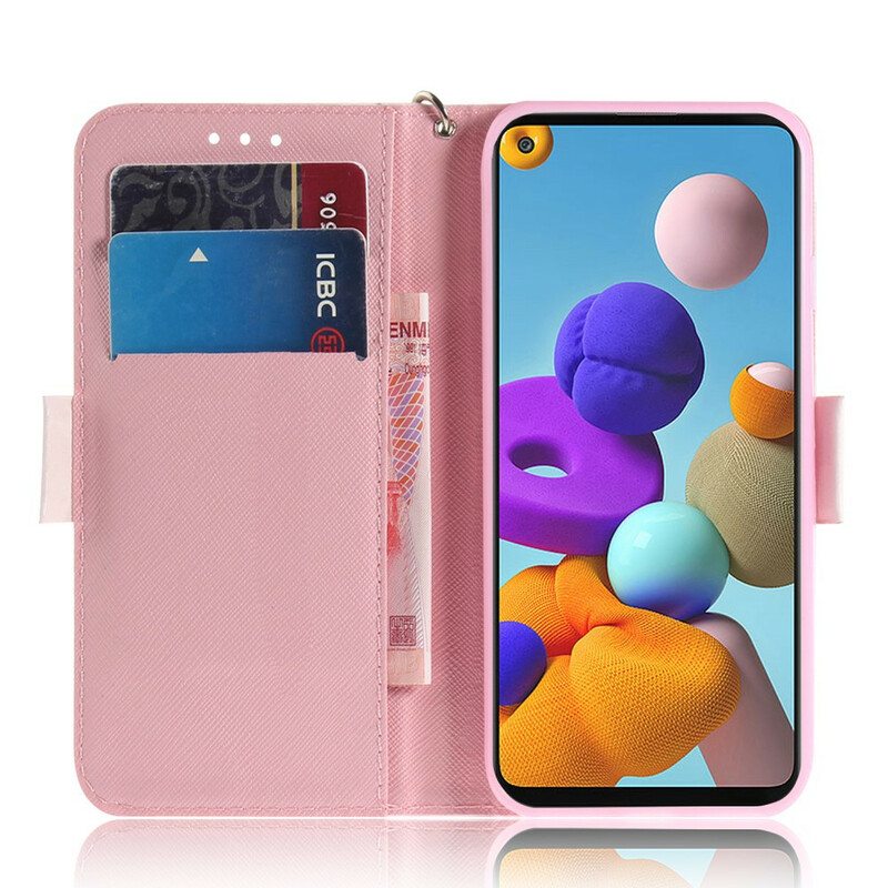 Nahkakotelo Samsung Galaxy A21s Suojaketju Kuori Panda Love With Lanyard