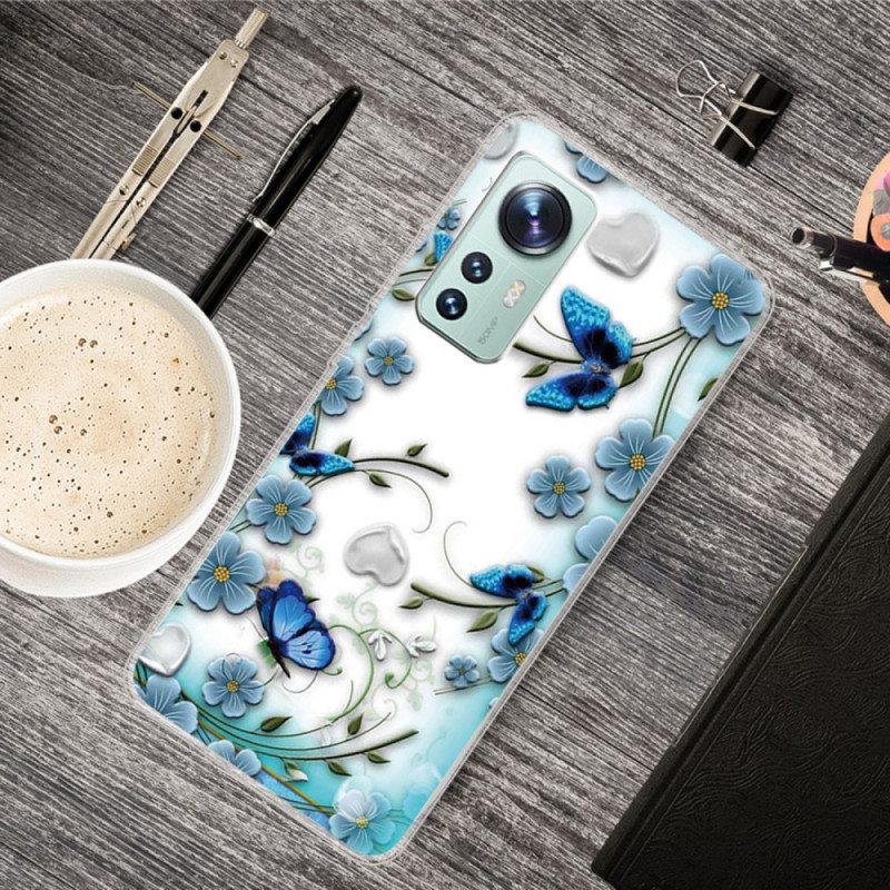 Kuori Xiaomi 12 / 12X Sinisiä Kukkia Ja Perhosia