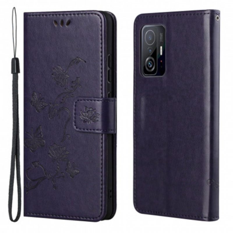 Nahkakotelo Xiaomi 11T / 11T Pro Suojaketju Kuori Stringit Perhosia Ja Kukkia