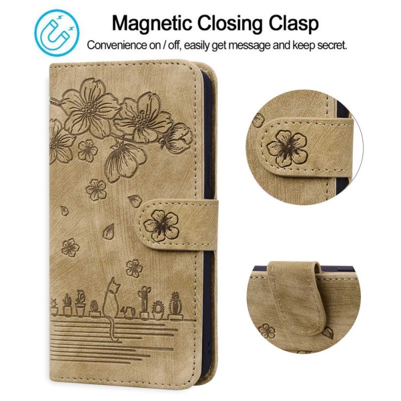Nahkakotelo iPhone 14 Pro Suojaketju Kuori Strappy Cat Print