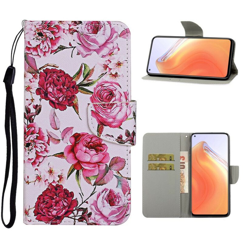 Nahkakotelo Xiaomi Mi 10T / 10T Pro Mestarilliset Kukat Hihnalla