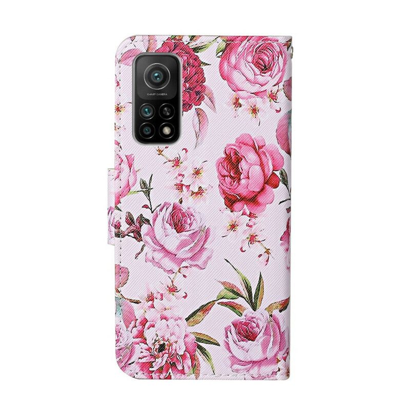 Nahkakotelo Xiaomi Mi 10T / 10T Pro Mestarilliset Kukat Hihnalla