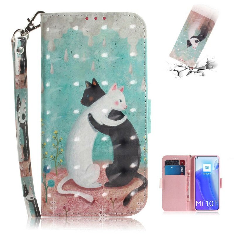 Nahkakotelo Xiaomi Mi 10T / 10T Pro Suojaketju Kuori Strappy Cat Ystävät