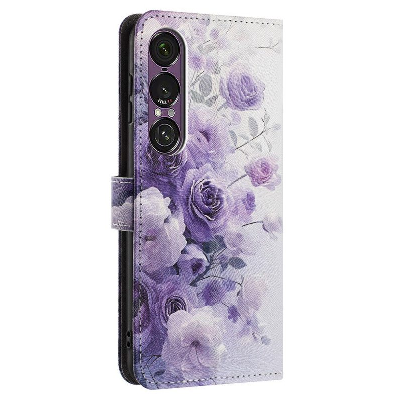Nahkakotelo Sony Xperia 1 Vii Violetit Ruusut
