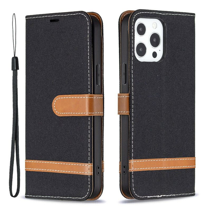 Flip Case iPhone 13 Pro Suojaketju Kuori Kangas- Ja Nahkaefektihihna
