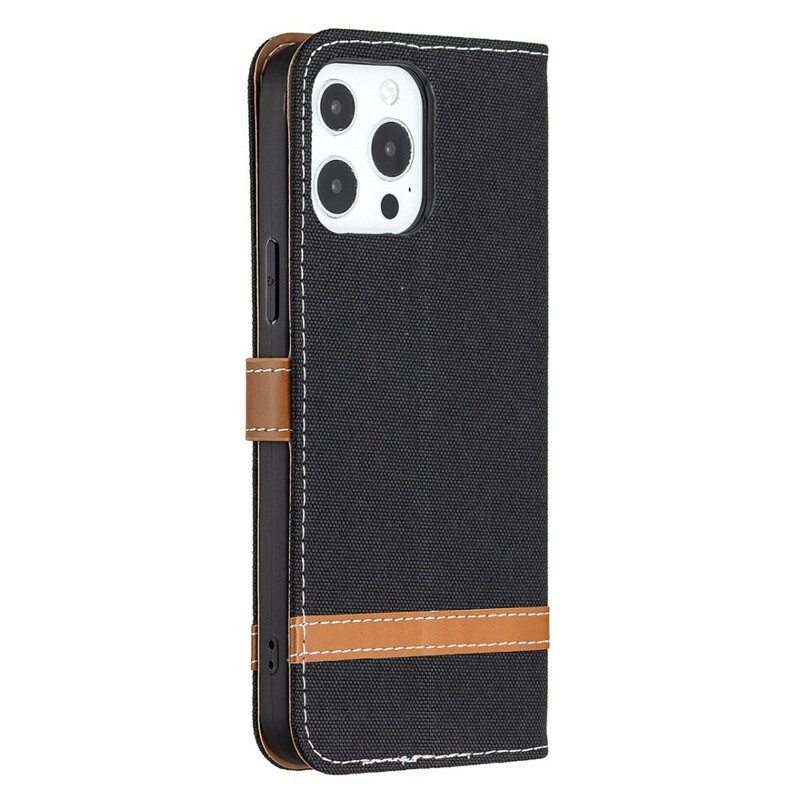Flip Case iPhone 13 Pro Suojaketju Kuori Kangas- Ja Nahkaefektihihna