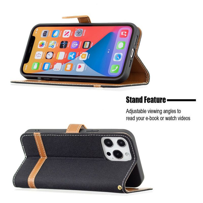 Flip Case iPhone 13 Pro Suojaketju Kuori Kangas- Ja Nahkaefektihihna