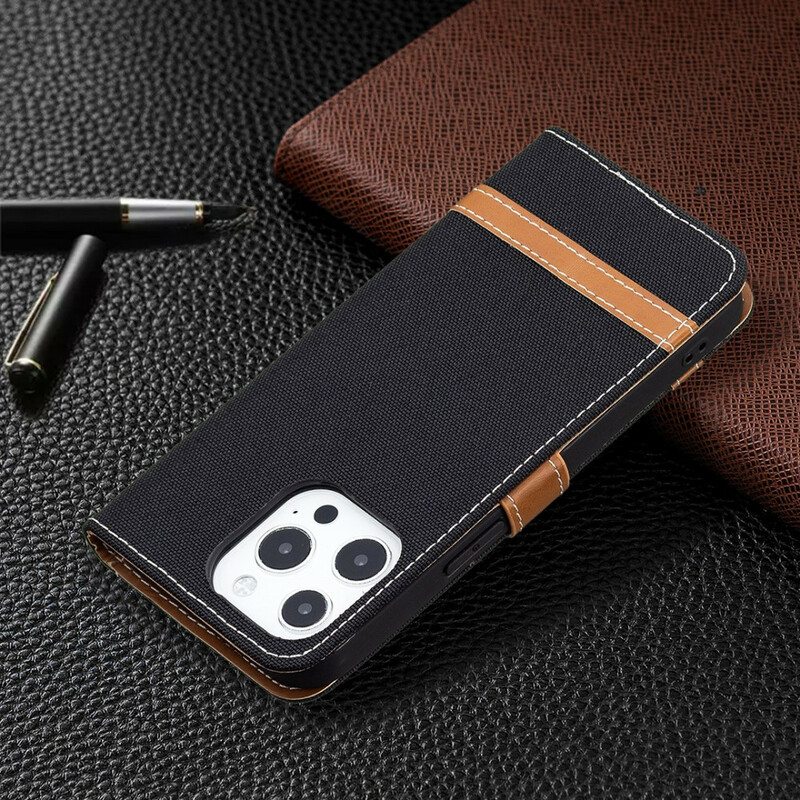 Flip Case iPhone 13 Pro Suojaketju Kuori Kangas- Ja Nahkaefektihihna