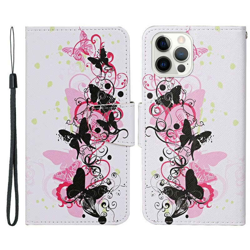 Kotelot iPhone 13 Pro Mestarilliset Perhoset Kaulanauhalla
