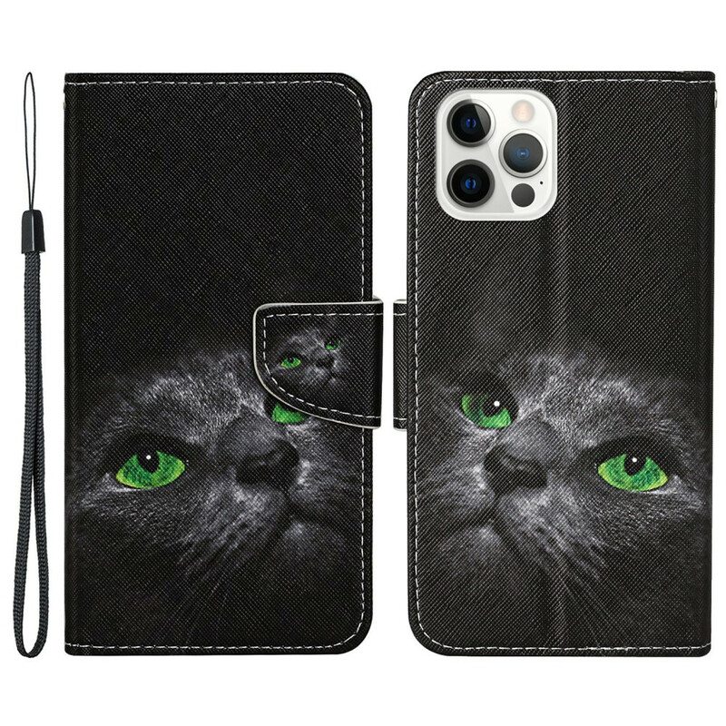 Kotelot iPhone 13 Pro Vihreät Kissansilmät Kaulanauhalla