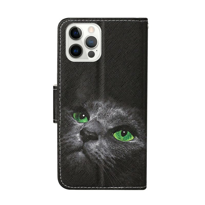 Kotelot iPhone 13 Pro Vihreät Kissansilmät Kaulanauhalla