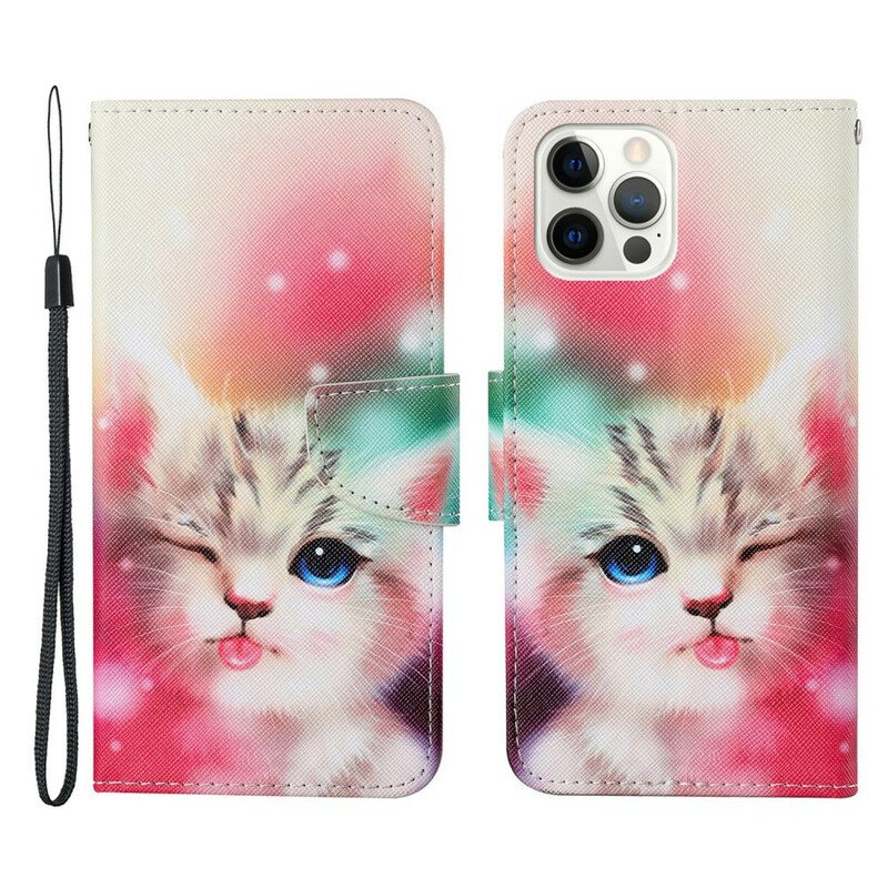 Nahkakotelo iPhone 13 Pro Kissatarinoita Kaulanauhan Kanssa