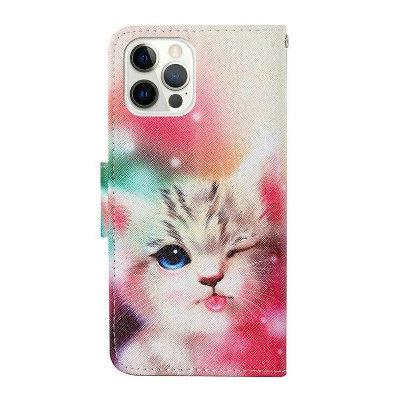 Nahkakotelo iPhone 13 Pro Kissatarinoita Kaulanauhan Kanssa