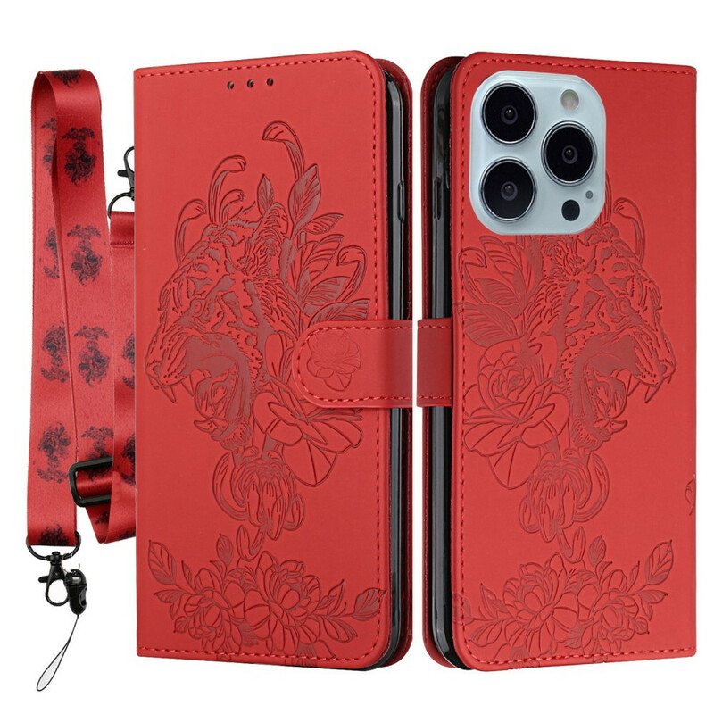 Nahkakotelo iPhone 13 Pro Suojaketju Kuori Barokki Ranneke Tiger