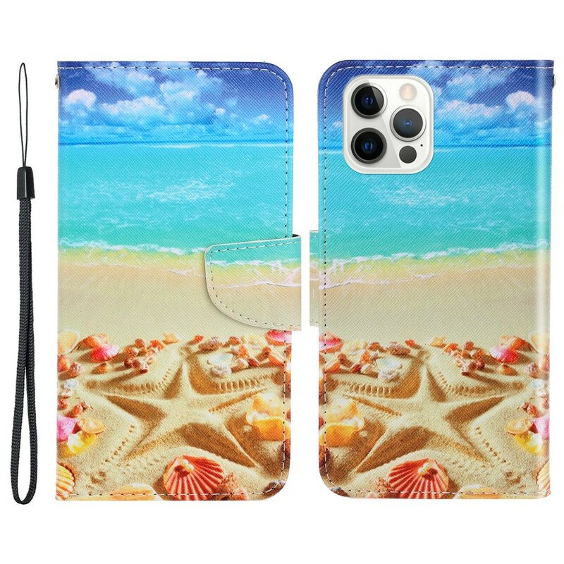 Nahkakotelo iPhone 13 Pro Suojaketju Kuori Lanyard Beach