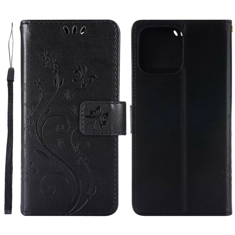 Nahkakotelo iPhone 13 Pro Suojaketju Kuori Strappy Graafiset Kukat