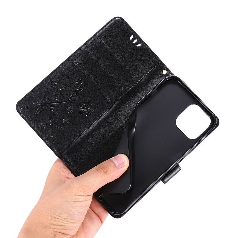 Nahkakotelo iPhone 13 Pro Suojaketju Kuori Strappy Graafiset Kukat