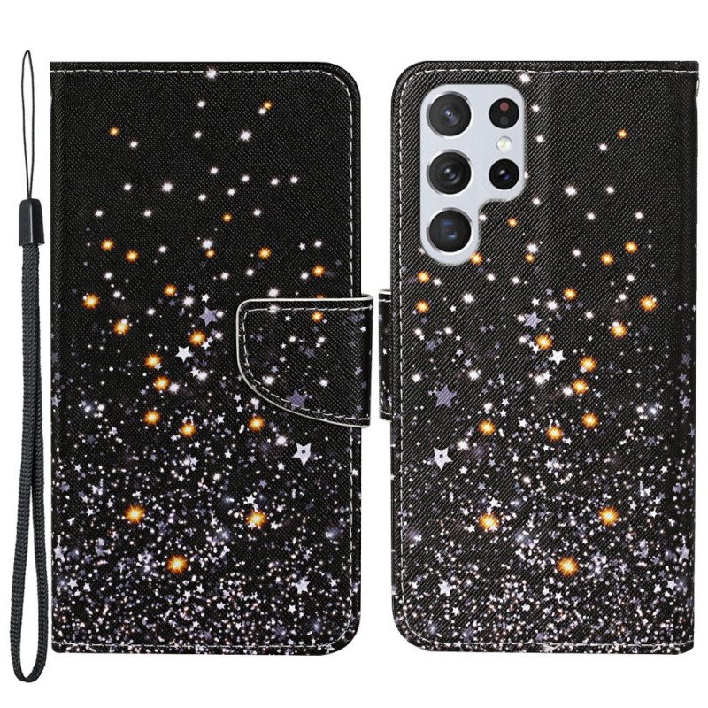 Kotelot Samsung Galaxy S22 Ultra 5G Tähtiä Ja Paljetteja Kaulanauhalla