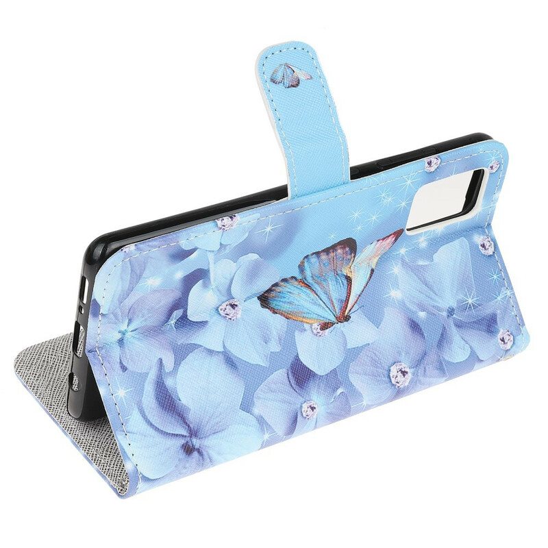 Flip Case Samsung Galaxy A51 Suojaketju Kuori Strappy Diamond Perhoset