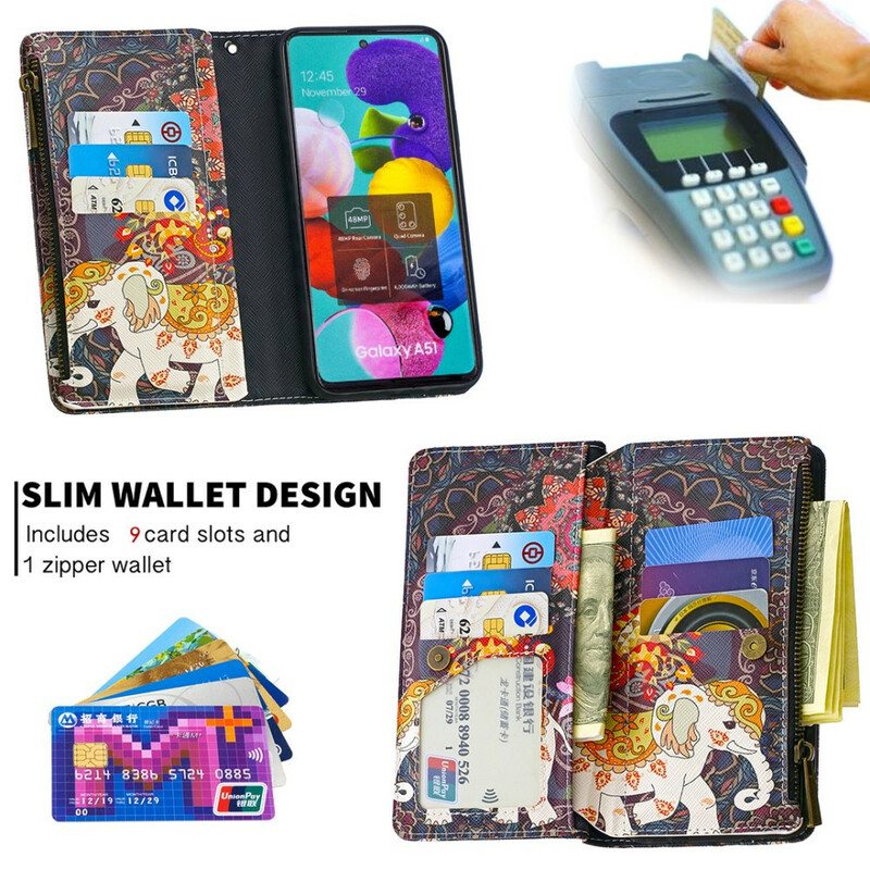 Nahkakotelo Samsung Galaxy A51 Elephant Vetoketjullinen Tasku