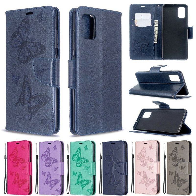Nahkakotelo Samsung Galaxy A51 Perhosia Lennossa Lanyardin Kanssa