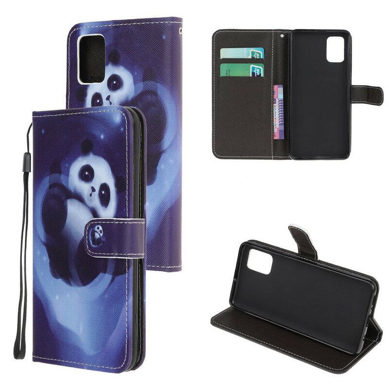 Nahkakotelo Samsung Galaxy A51 Suojaketju Kuori Panda Space Kaulanauhalla